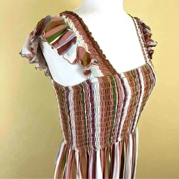 Nordstrom Striped Peasant Boho Ruffle SleeveFit Flare Mini Sun Dress Size M - Picture 3 of 15